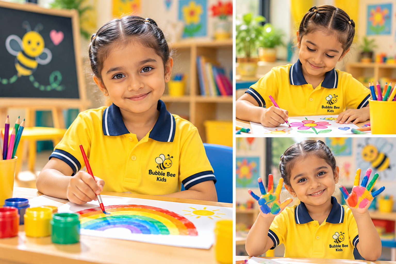 Bubble Bee Kids brand ambassador girl enjoying painting, drawing and colourful art activities