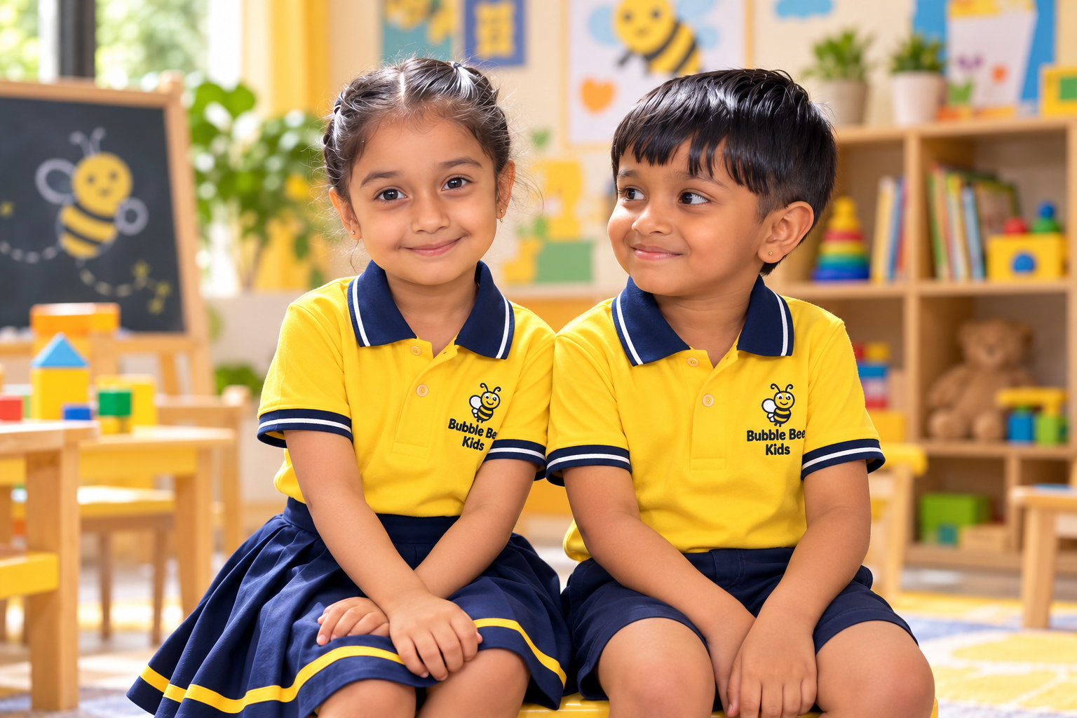 Two Bubble Bee Kids brand ambassadors in yellow and navy preschool uniforms in a bright classroom