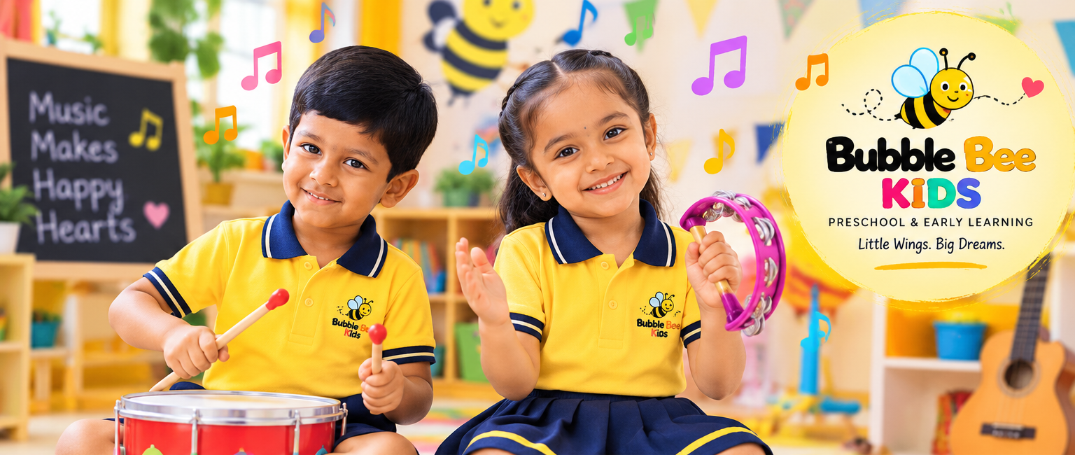 Bubble Bee Kids brand ambassador children playing drums and tambourine in a colourful music classroom