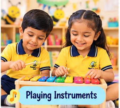 Bubble Bee Kids children exploring musical instruments together