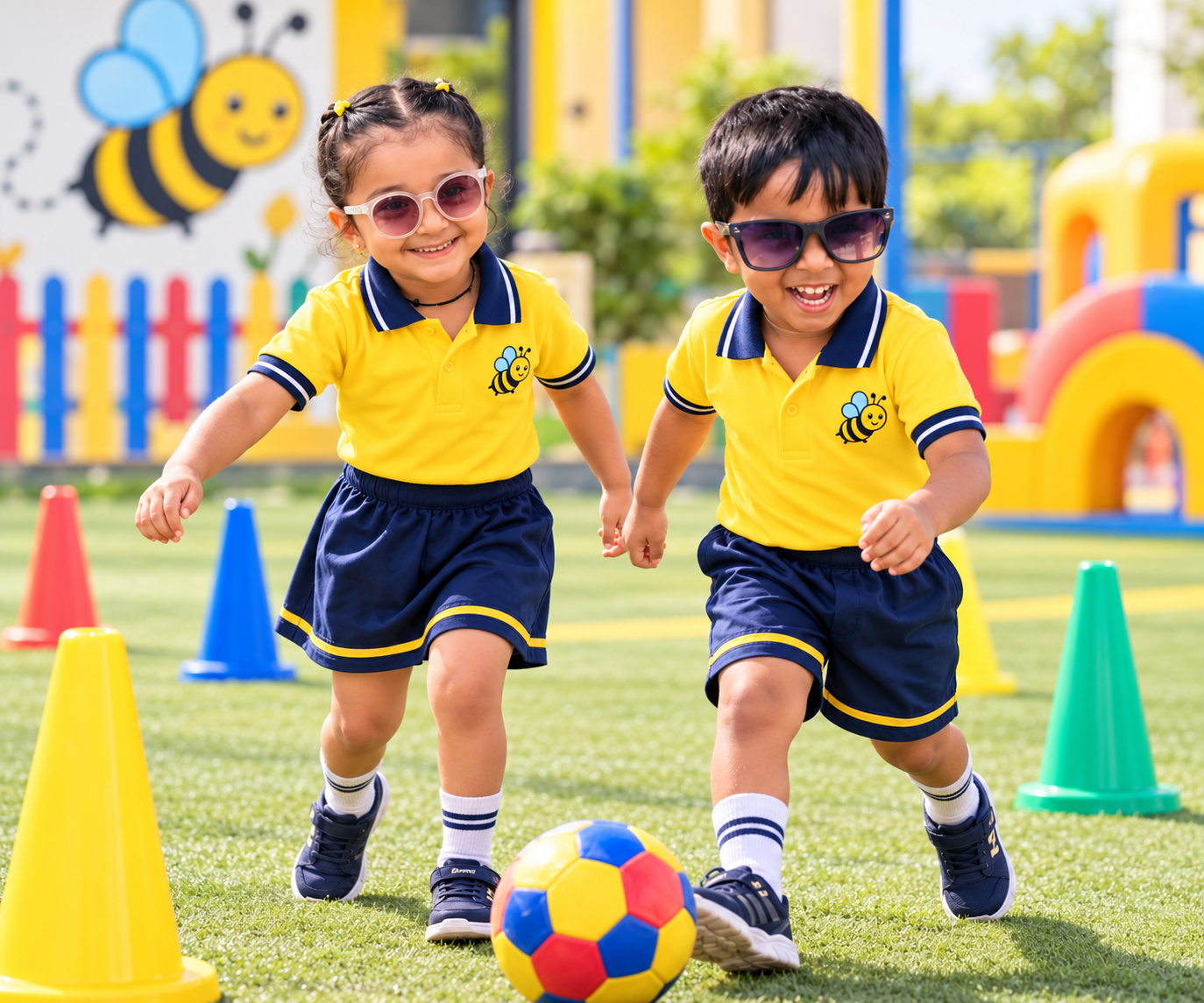 Two Bubble Bee Kids brand ambassadors enjoying active outdoor play in yellow and navy uniforms